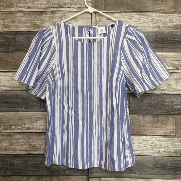 CAbi #5343 Women's Wing Top Size Small Blue White Striped Linen Blend - Picture 4 of 10